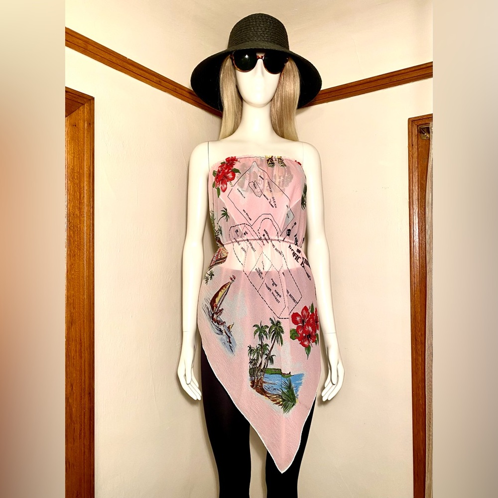 VINTAGE Tropical Pink Sheer Scarf Blouse -Sz Sm